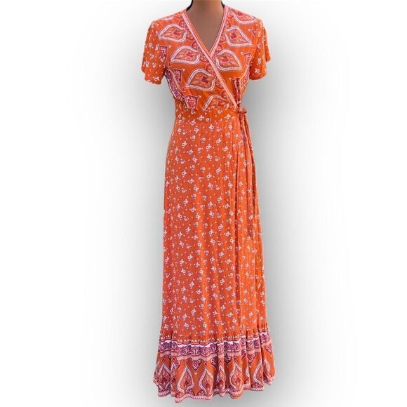 Zesica Boho Patterned Maxi Length Wrap Dress Sienna Orange, Women’s Medium - Picture 1 of 11